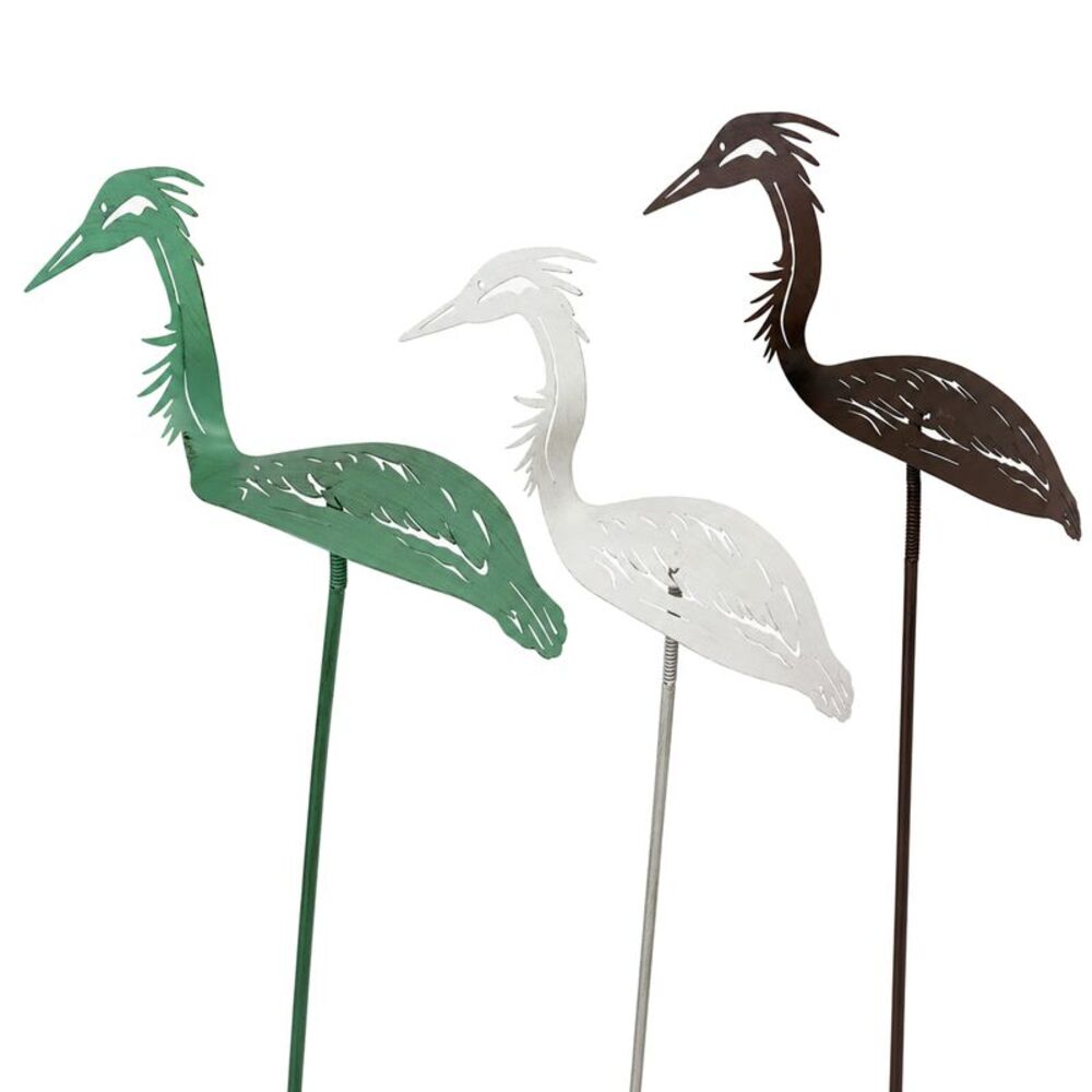 Set of 3 Metal Heron Garden Stakes Brown Green White 35 Inch Outdoor Decor